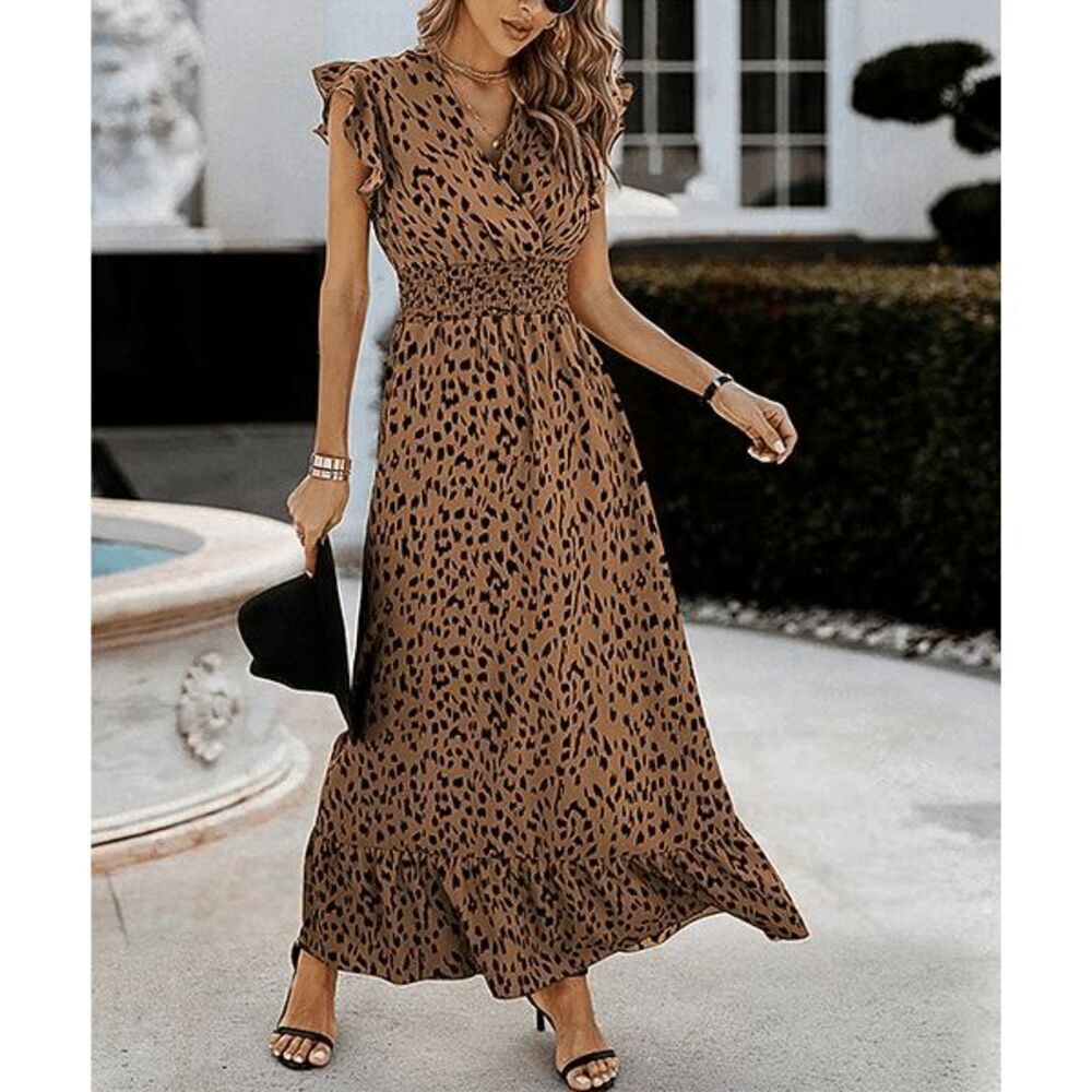 Women's Khaki Leopard Surplice Maxi Dress XL